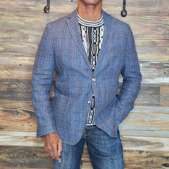 JKT New York 100% Linen Dual Vent Unconstructed Blue Plaid Blazer Jacket 40R - Picture 1 of 9